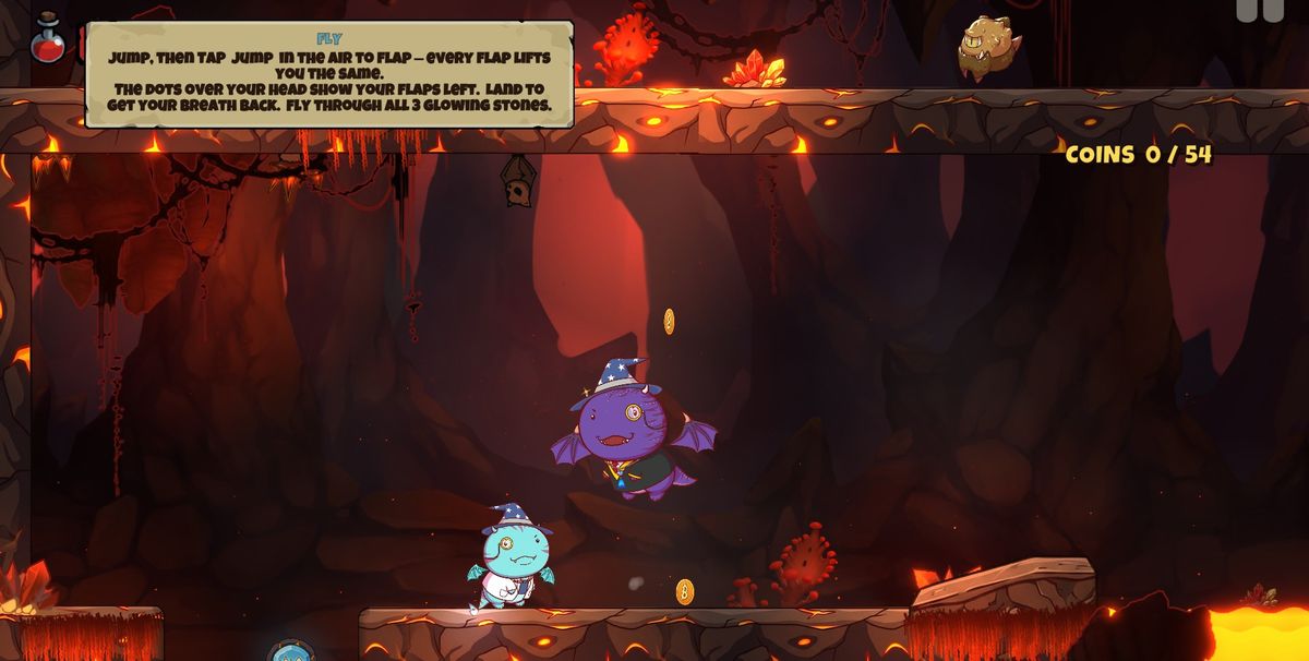 The player's small blue dragon and Elder Ember, a purple dragon in a wizard hat, at the edge of a lava pit.